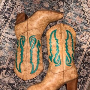 Tan and Green Western Boots